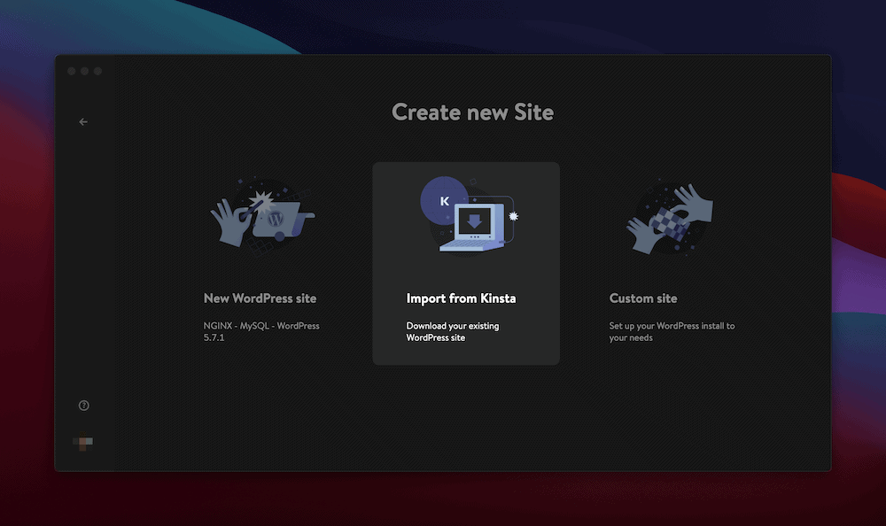 The Import from Kinsta option within DevKinsta.