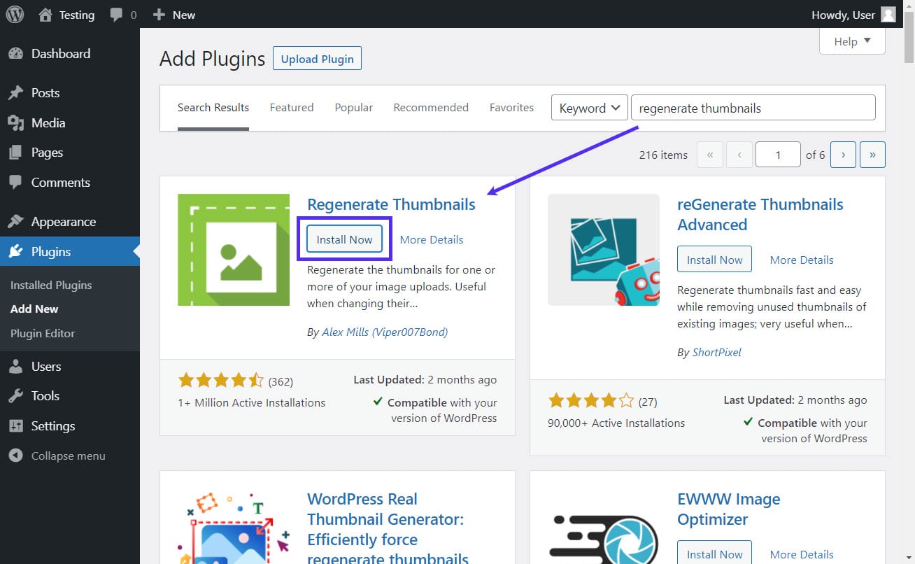 Installing the Regenerate Thumbnails plugin.