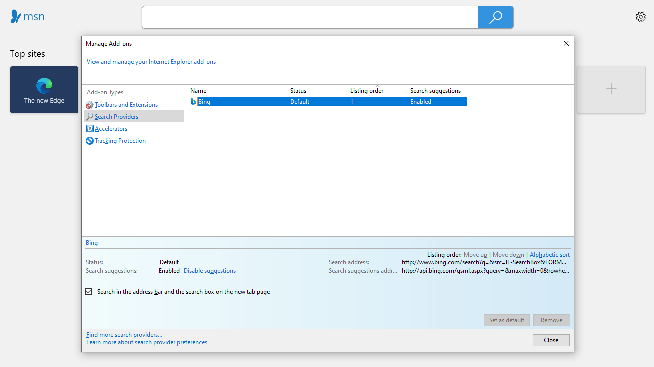 Mudando o mecanismo de pesquisa padrão no Internet Explorer.