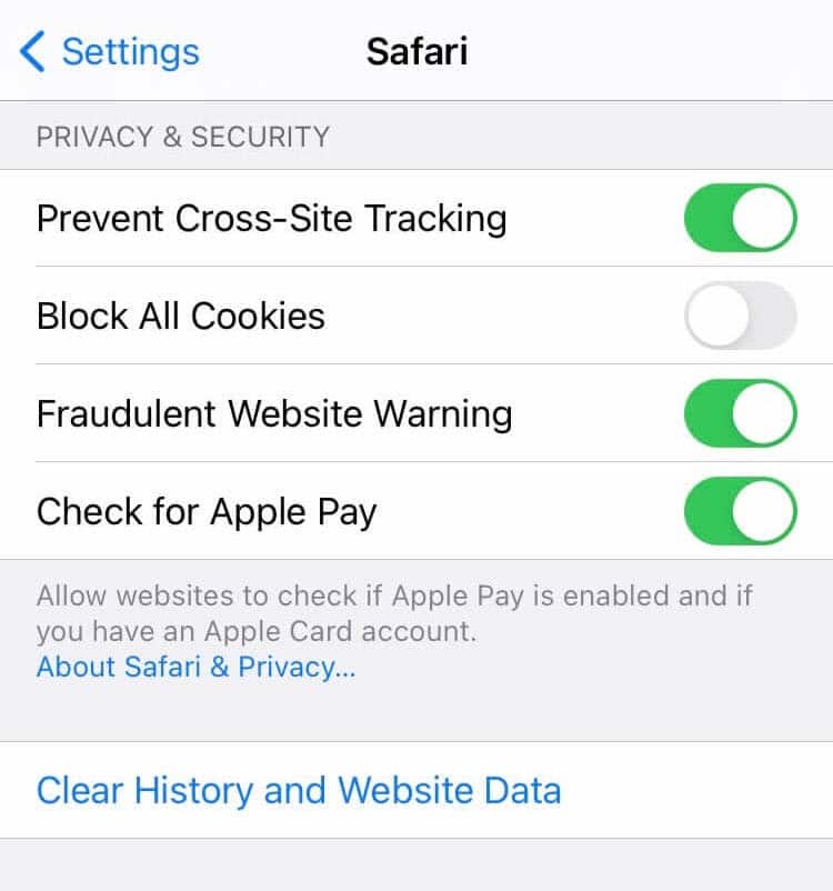 Clearing Safari browsing data on iOS.