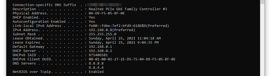 Looking up your IP address using the Windows command prompt.