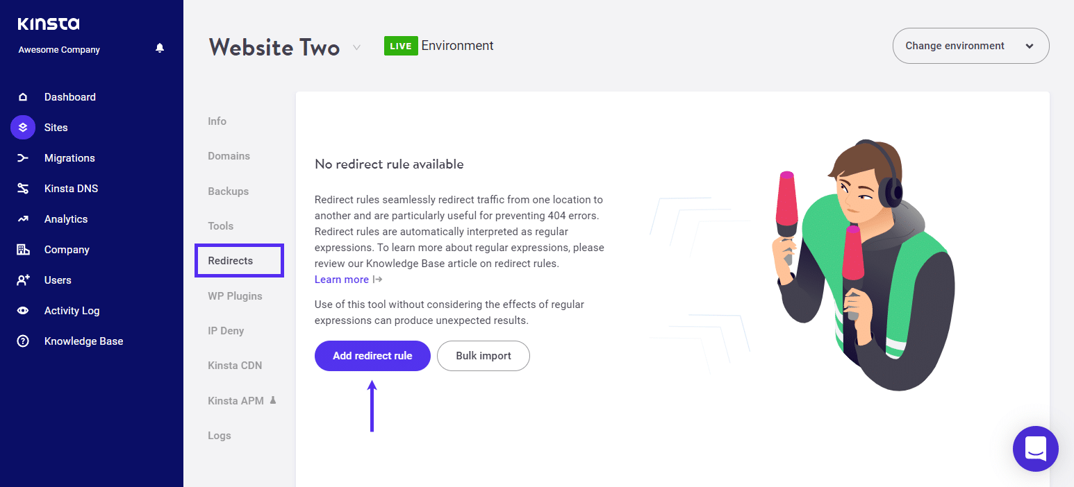 The Add redirect rule button from the Redirects section of MyKinsta.