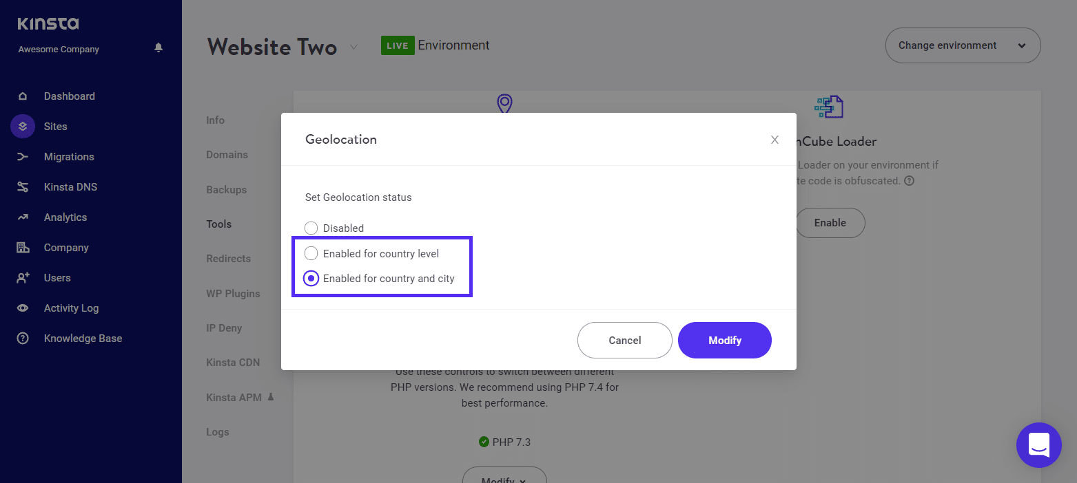MyKinsta geolocation modal for choosing country level or country and city.