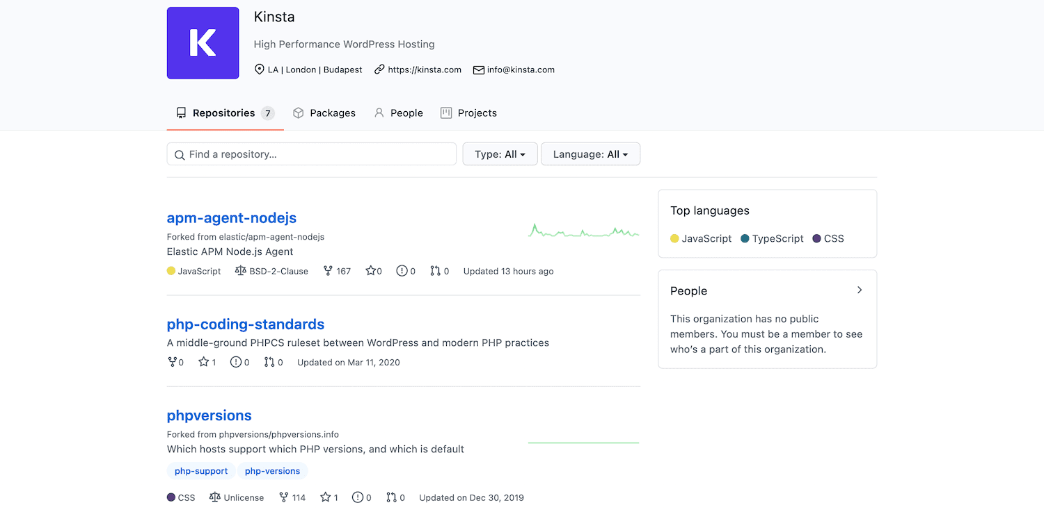 La page GitHub de Kinsta.