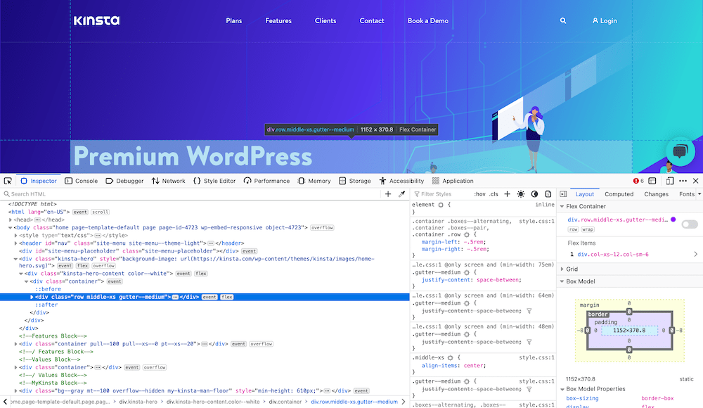 La herramienta de inspección de elementos en el sitio web de Kinsta.