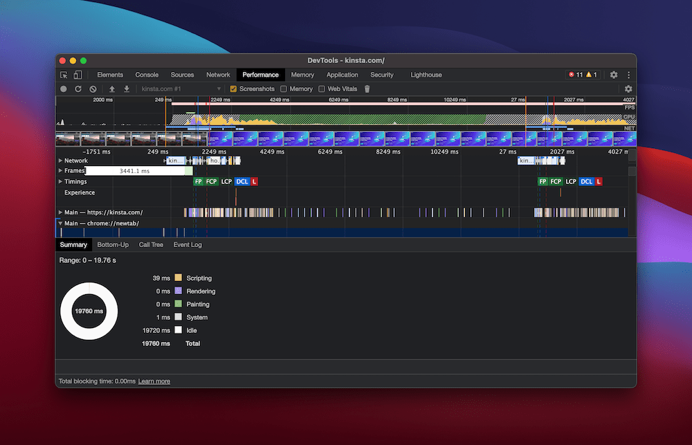 Kinsta's recorded page loading speed from within Brave's DevTools. La velocidad de carga de la página registrada por Kinsta desde las DevTools de Brave.