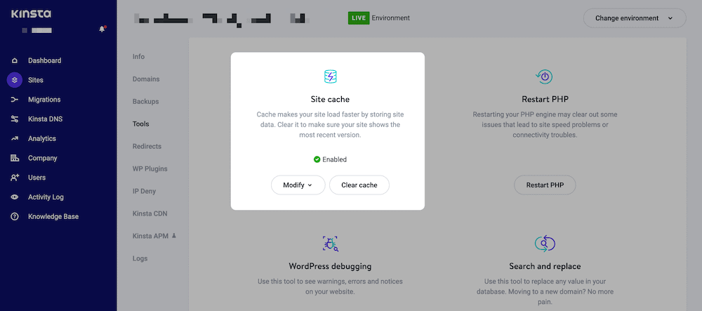 Kinsta’s Site cache option. Kinsta’s Site cache option.