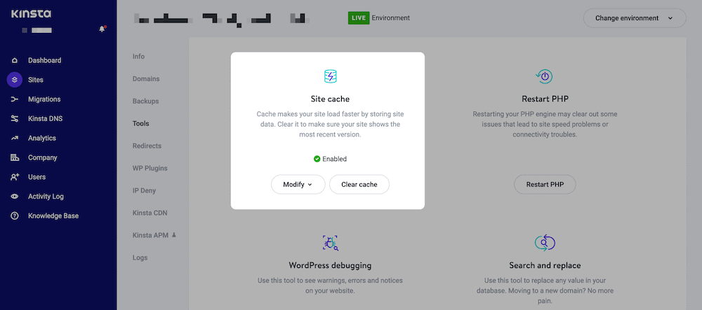 Kinsta’s Site cache option.