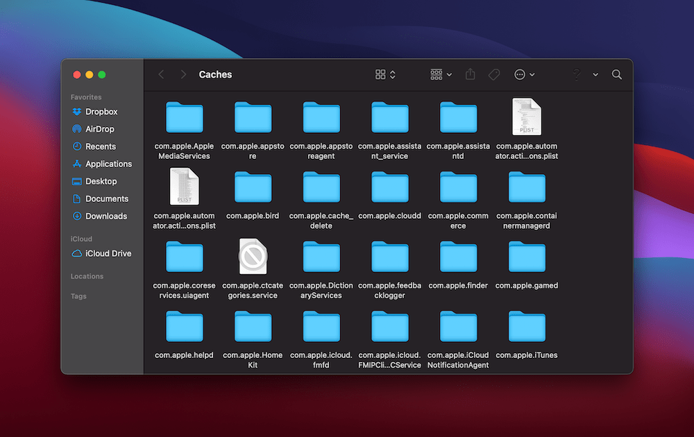 The macOS Caches folder. La carpeta de cachés de macOS.