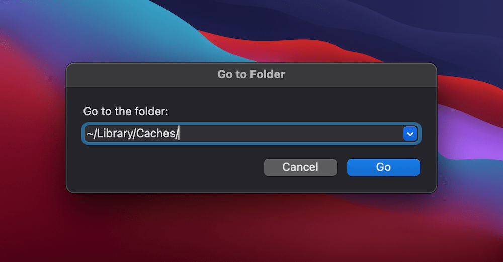 The Finder's Go window showing the location of the Mac cache. La ventana Go del Finder mostrando la ubicación de la caché del Mac.