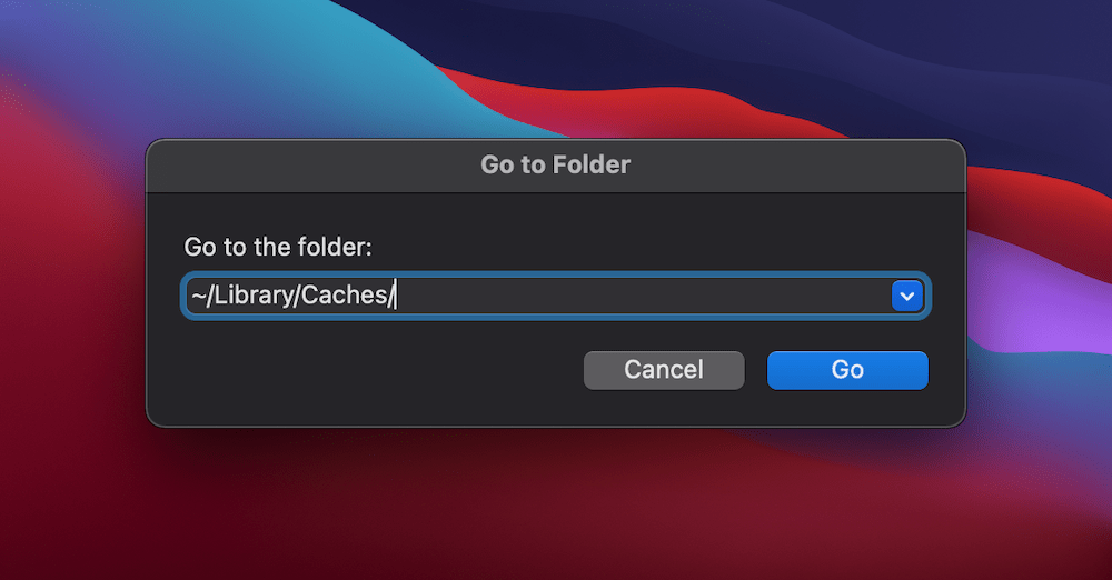 The Finder’s Go window showing the location of the Mac cache.