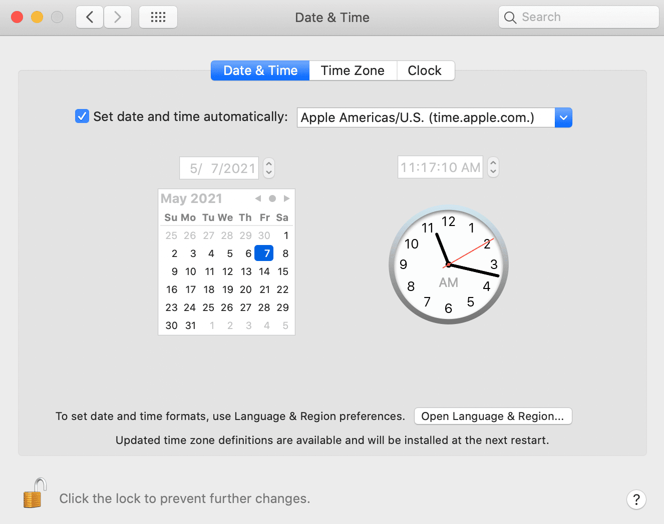 As configurações de "Data e Hora" para MacOS