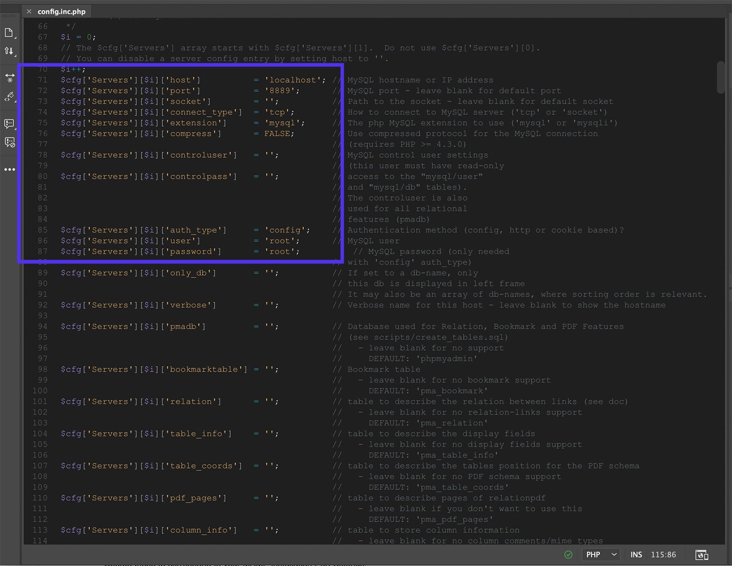 Correção de erros no arquivo config.inc.php.