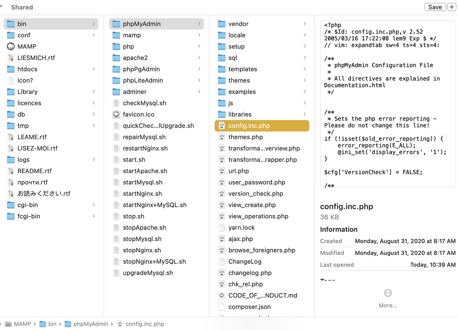 Il file config.inc.php in MAMP.