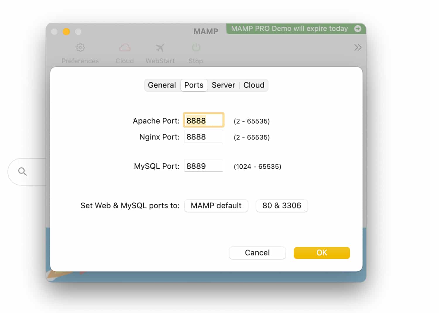 Cambiar la configuración del puerto de MAMP.