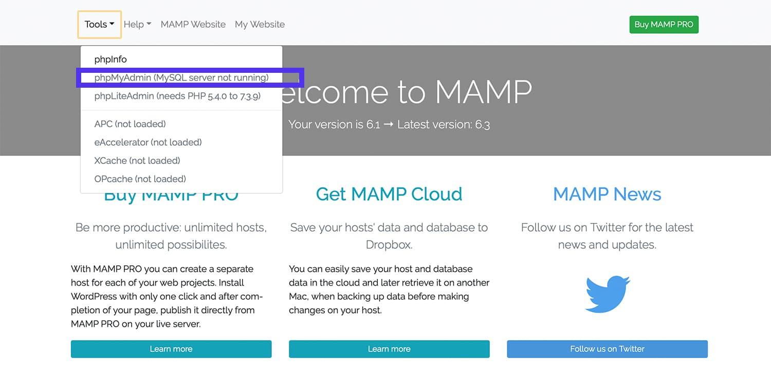 mamp phpmyadmin web login