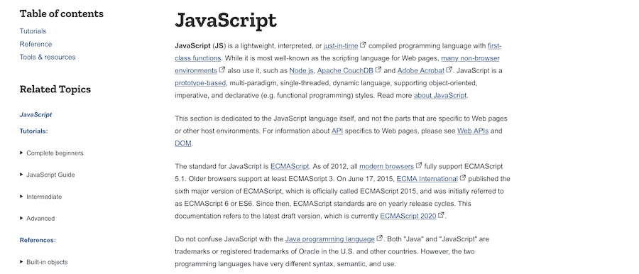 Pagina sul JavaScript di MDN Web Docs.