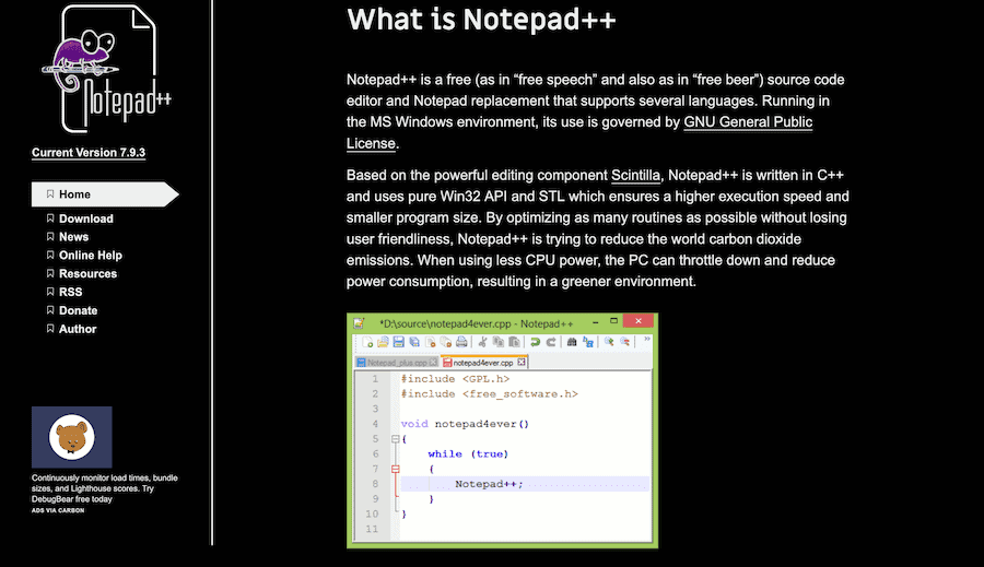The Notepad ++ home page.