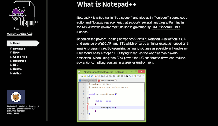 Notepad++:s hemsida.