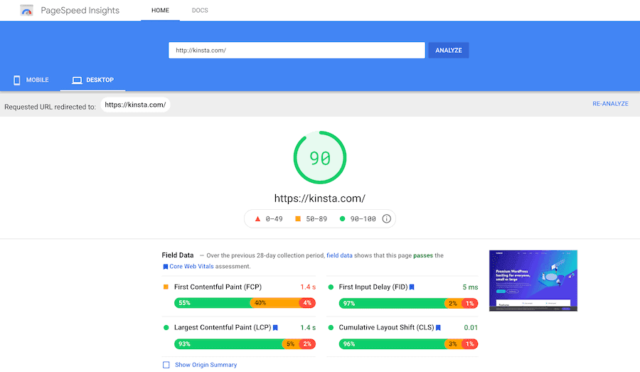 Página do GoogleSpeed Insights.