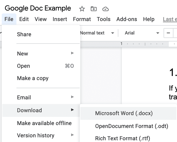 Downloaden van Google Doc als Word-document.