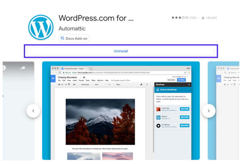 WordPress.com pour Google Docs sur la place de marché Google Workspace.