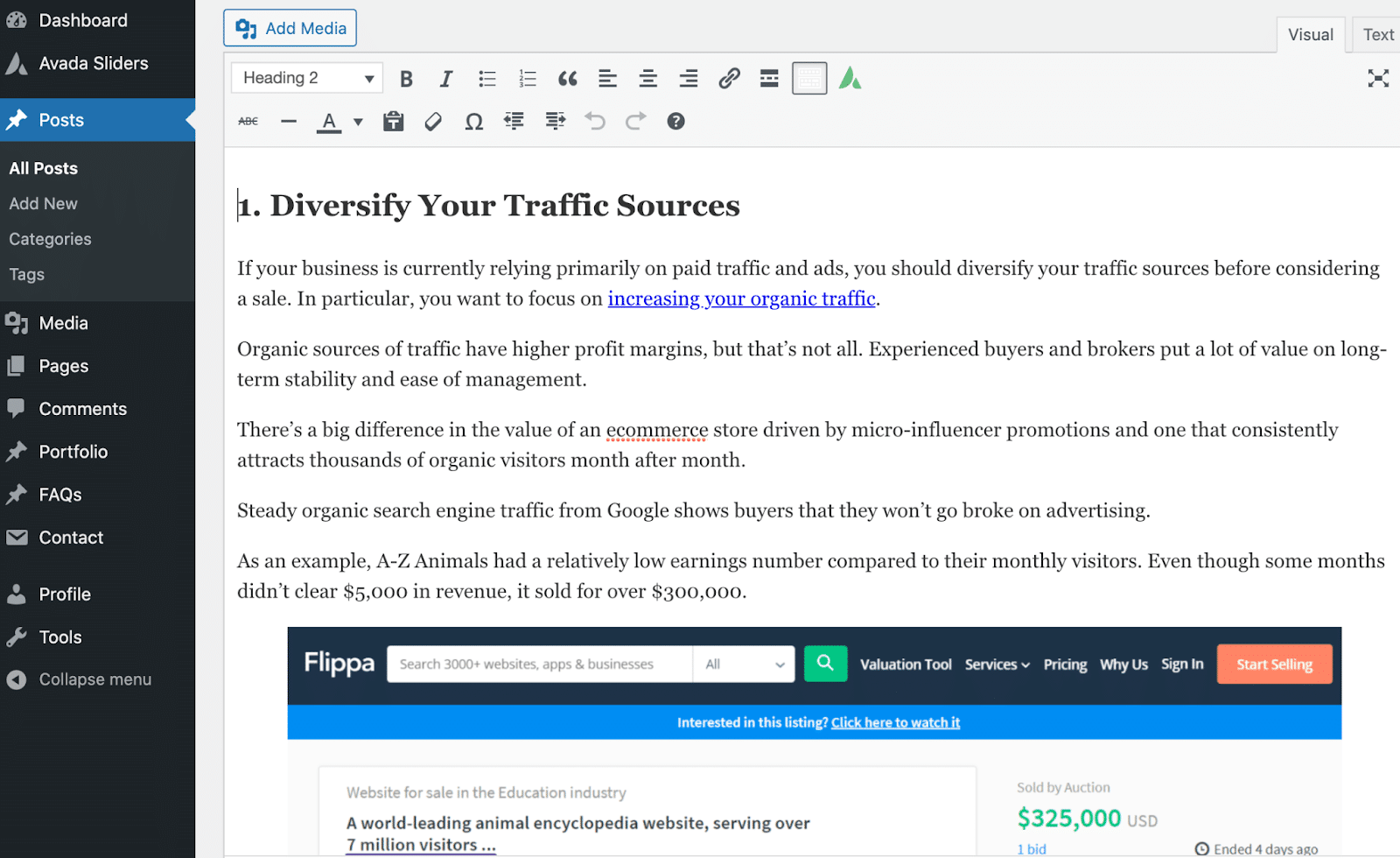 Capture d'écran d'un article du module WordPress for Google Docs.