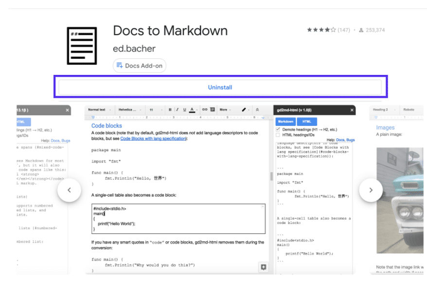 Bouton d'installation pour Docs to Markdown.