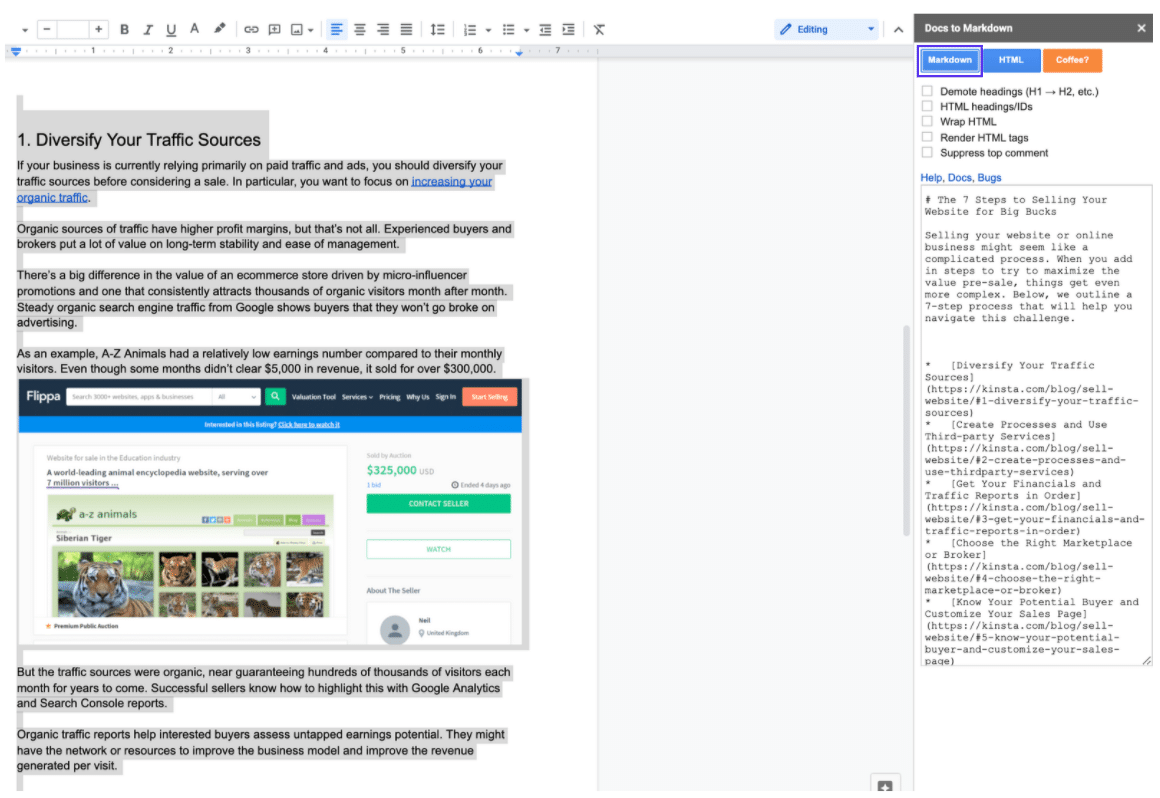 Docs to Markdown interface in Google Docs.