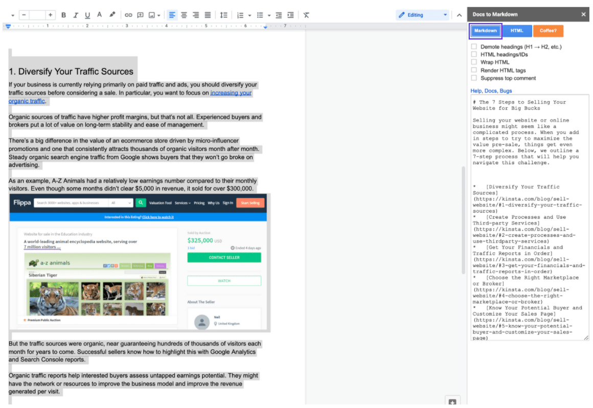 Docs to Markdown-gränssnitt i Google Docs.