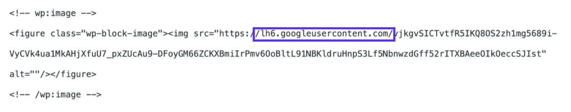 Image code in Gutenberg editor.