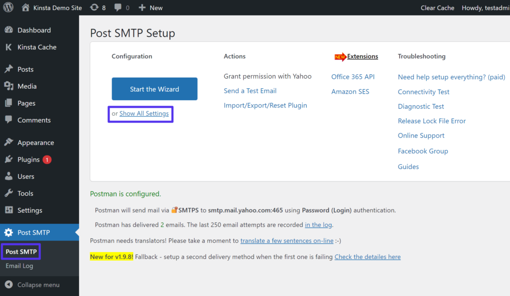 Mostrando todas as configurações no Post SMTP.
