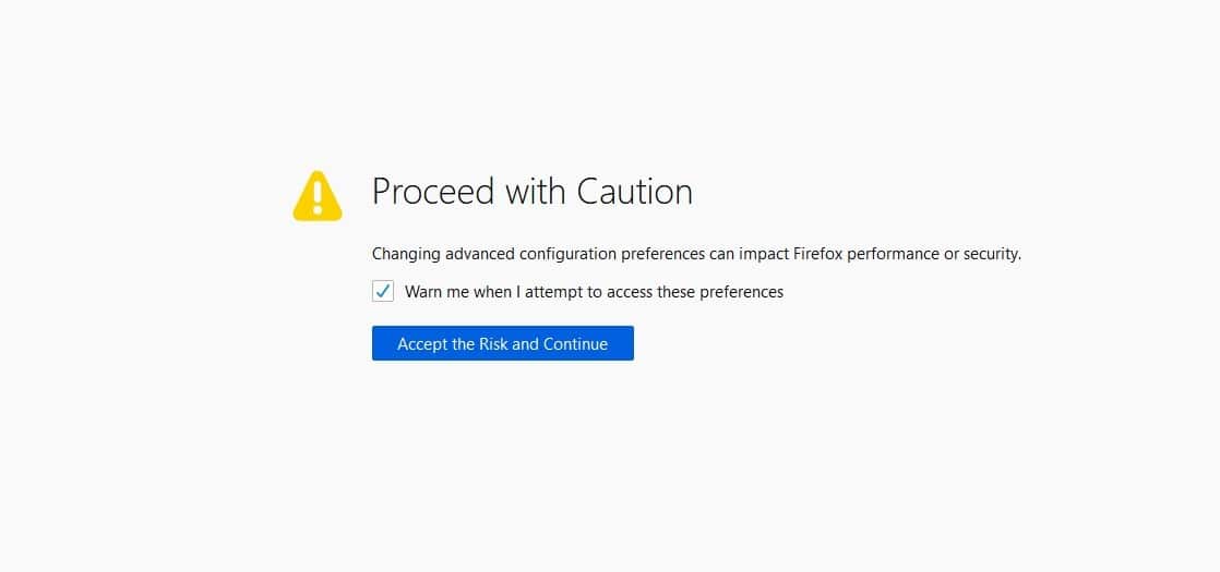 Een "Proceed with Caution" beveiligingswaarschuwing van Firefox.
