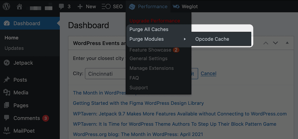 The options to purge the cache in W3 Total Cache. Las opciones para purgar la caché en W3 Total Cache.