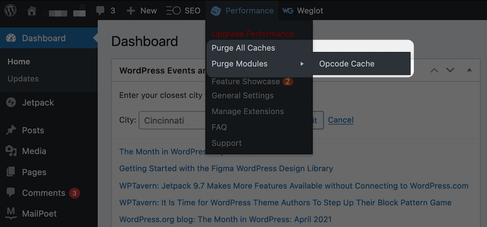 Las opciones para purgar la caché en W3 Total Cache.