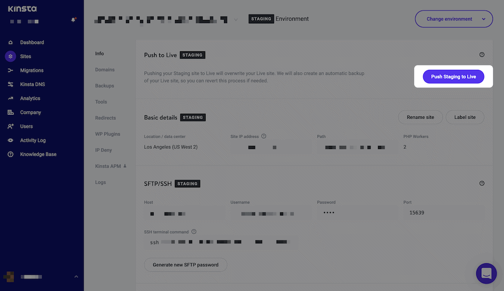 The Push to Live option within Kinsta.