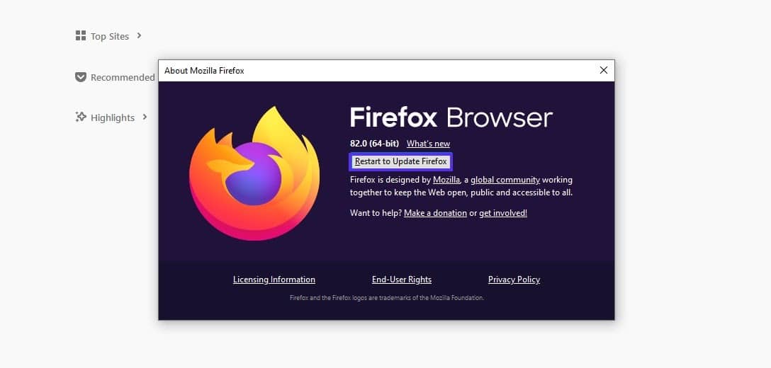 La opción "reiniciar para actualizar" de Firefox.