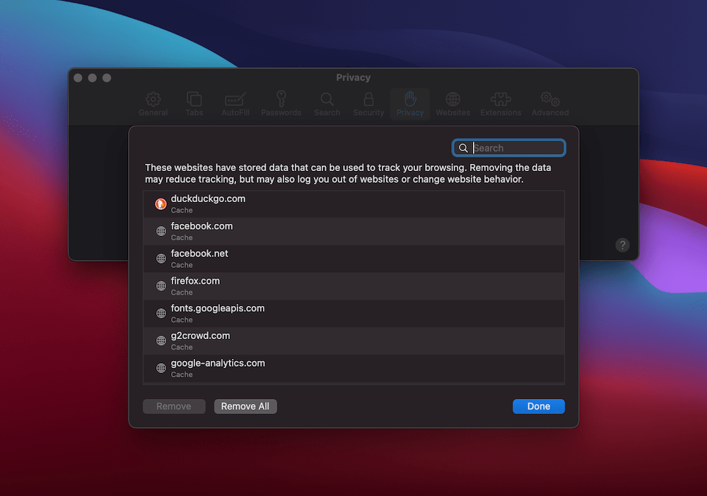 Safari's Privacy tab. Pestaña de privacidad de Safari.