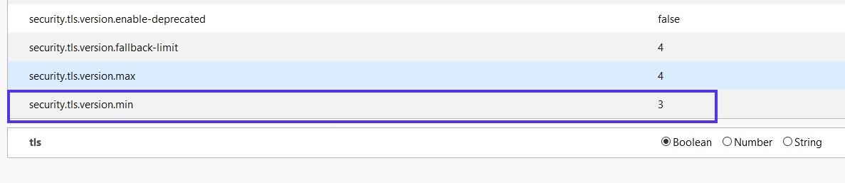 Localizando a preferência security.tls.version.min no navegador Firefox.