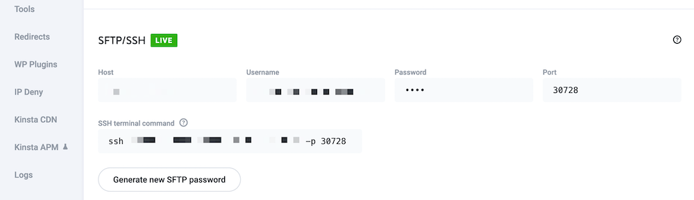 The SFTP panel in the MyKinsta dashboard.