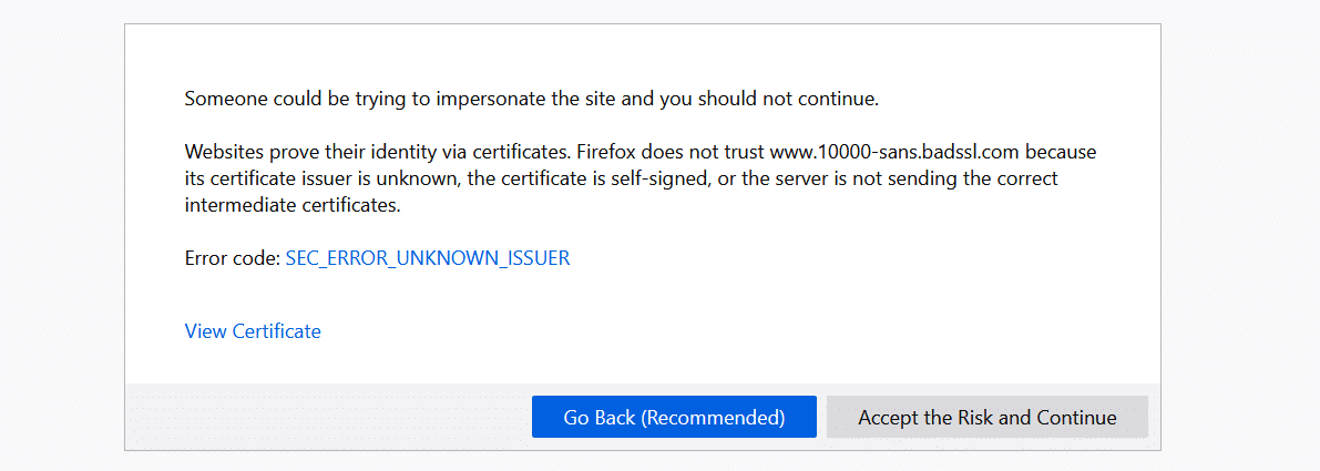 An SSL connection error in Firefox.