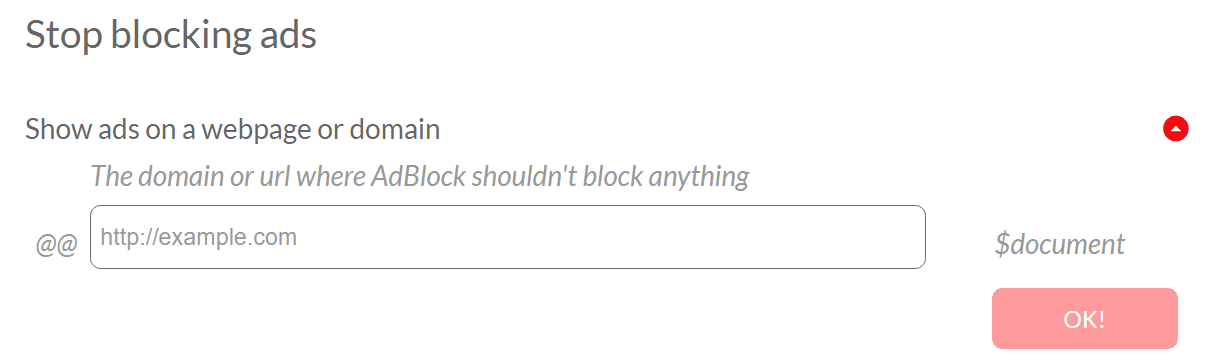 Een pagina "stop blocking ads", met een veld waar je een website kan toevoegen.