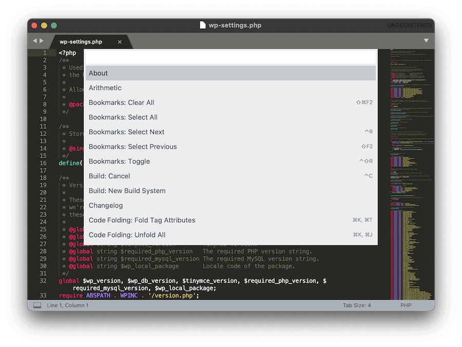 Paleta de comandos de Sublime Text.