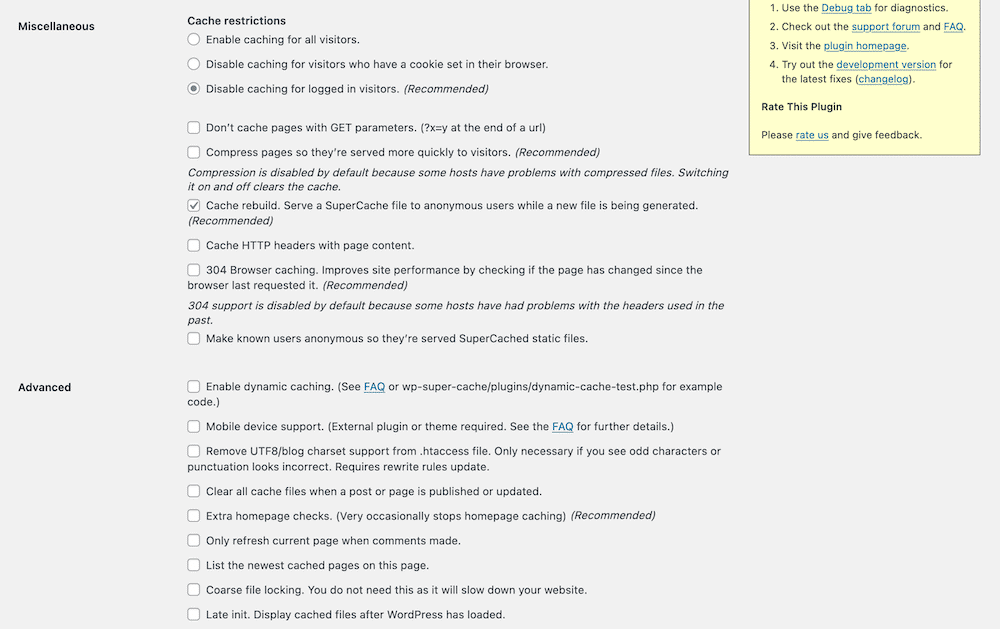 The WP Super Cache Advanced settings.