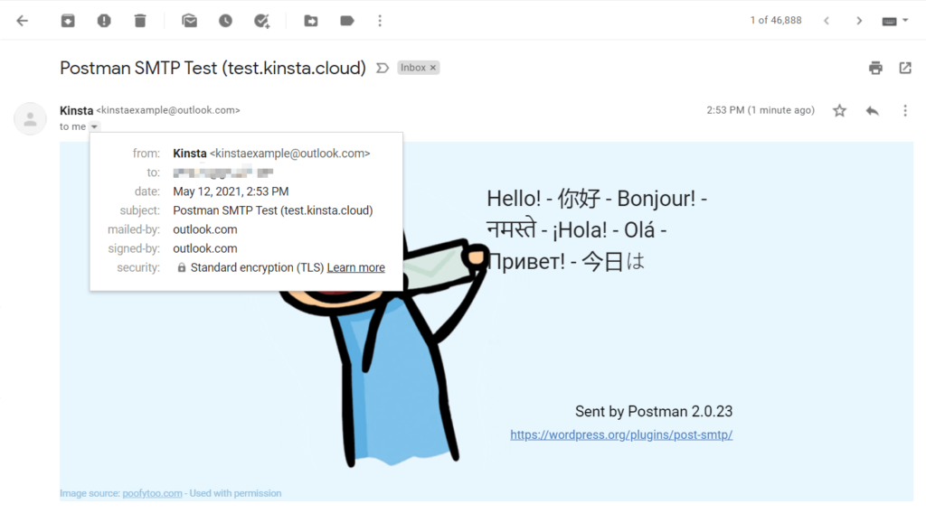 Um exemplo do e-mail de teste que a Post SMTP envia