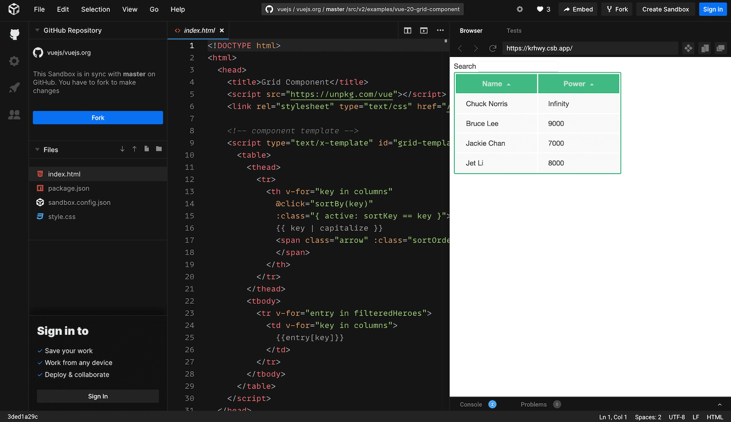 El sandbox de Vue.js.