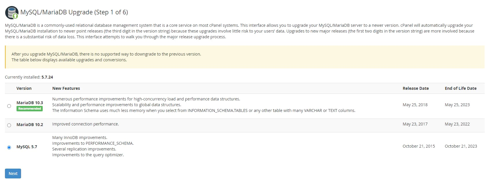 Web Host Manager cPanel MySQL Update