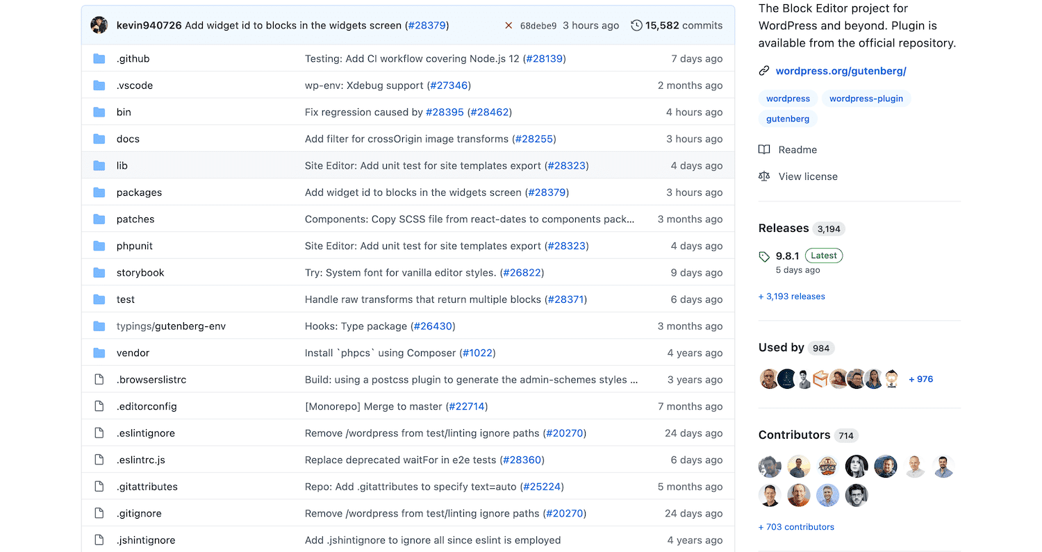 Een lijst van WordPress GitHub commits.