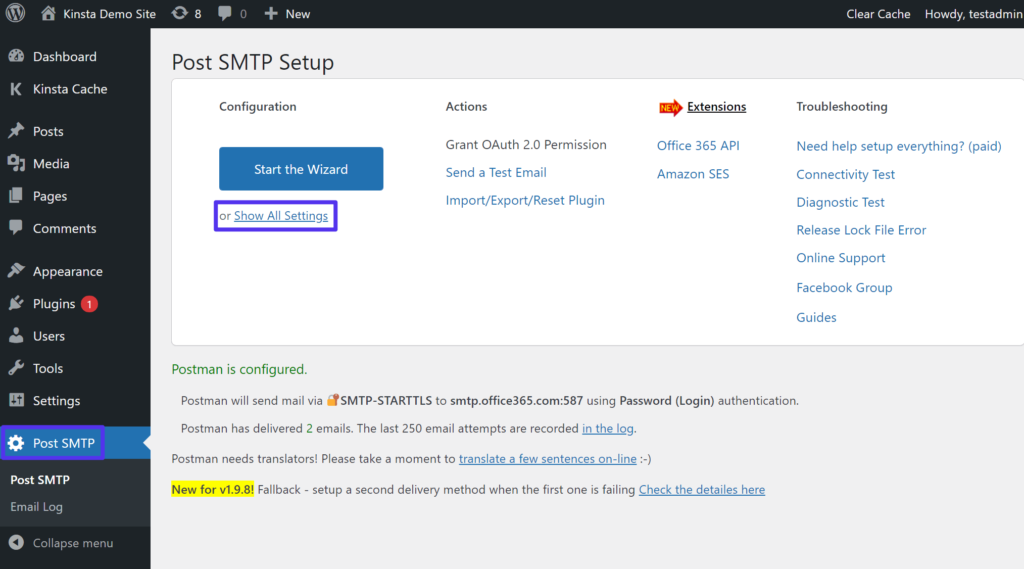 Acceso a la configuración completa de Post SMTP