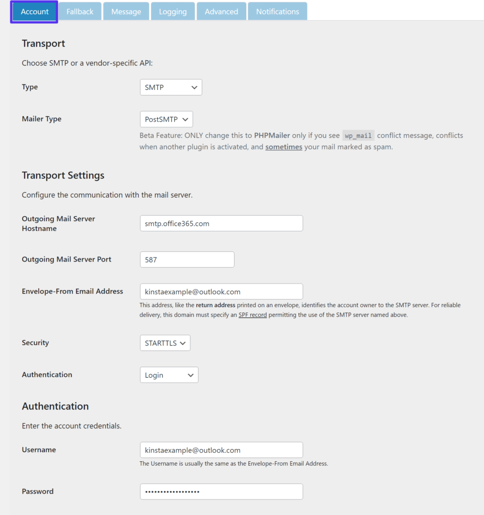 Configuration du serveur SMTP Outlook dans Post SMTP